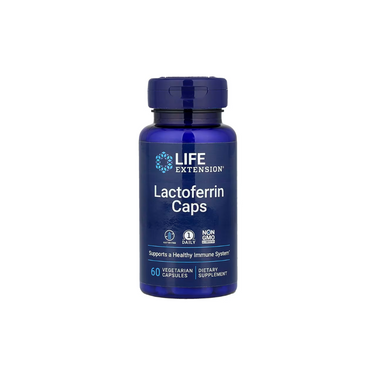A blue bottle of Life Extension Lactoferrin Caps 300 mg, 60 vegetarian capsules, daily non-GMO supplement with lactoferrin for immune system support.